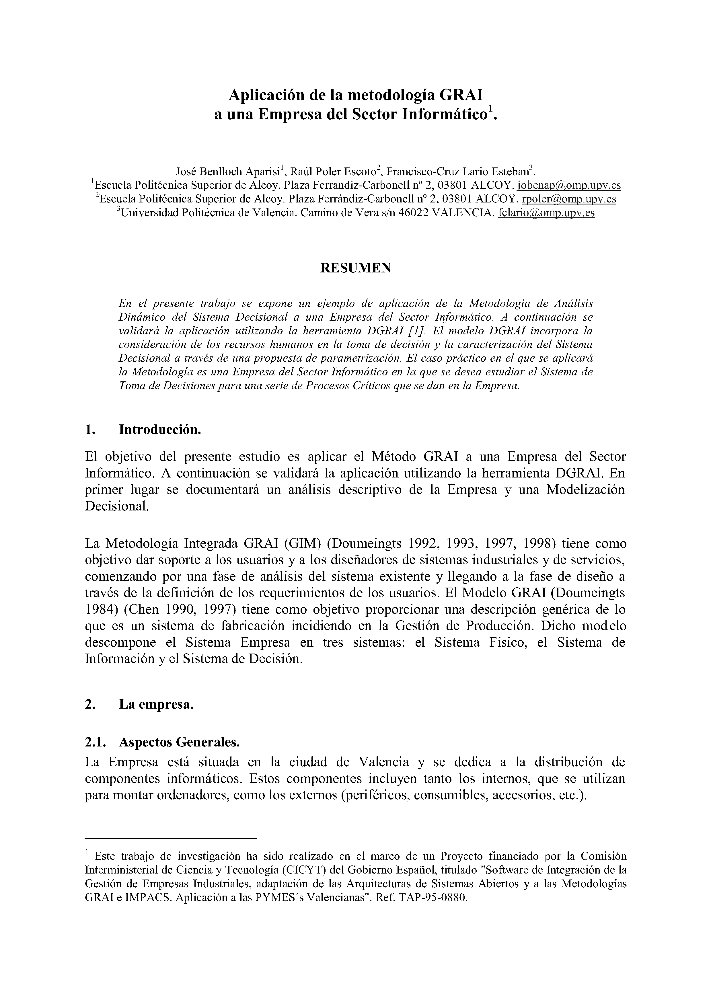 Aplicación de la metodología GRAI a una Empresa del Sector Informático.