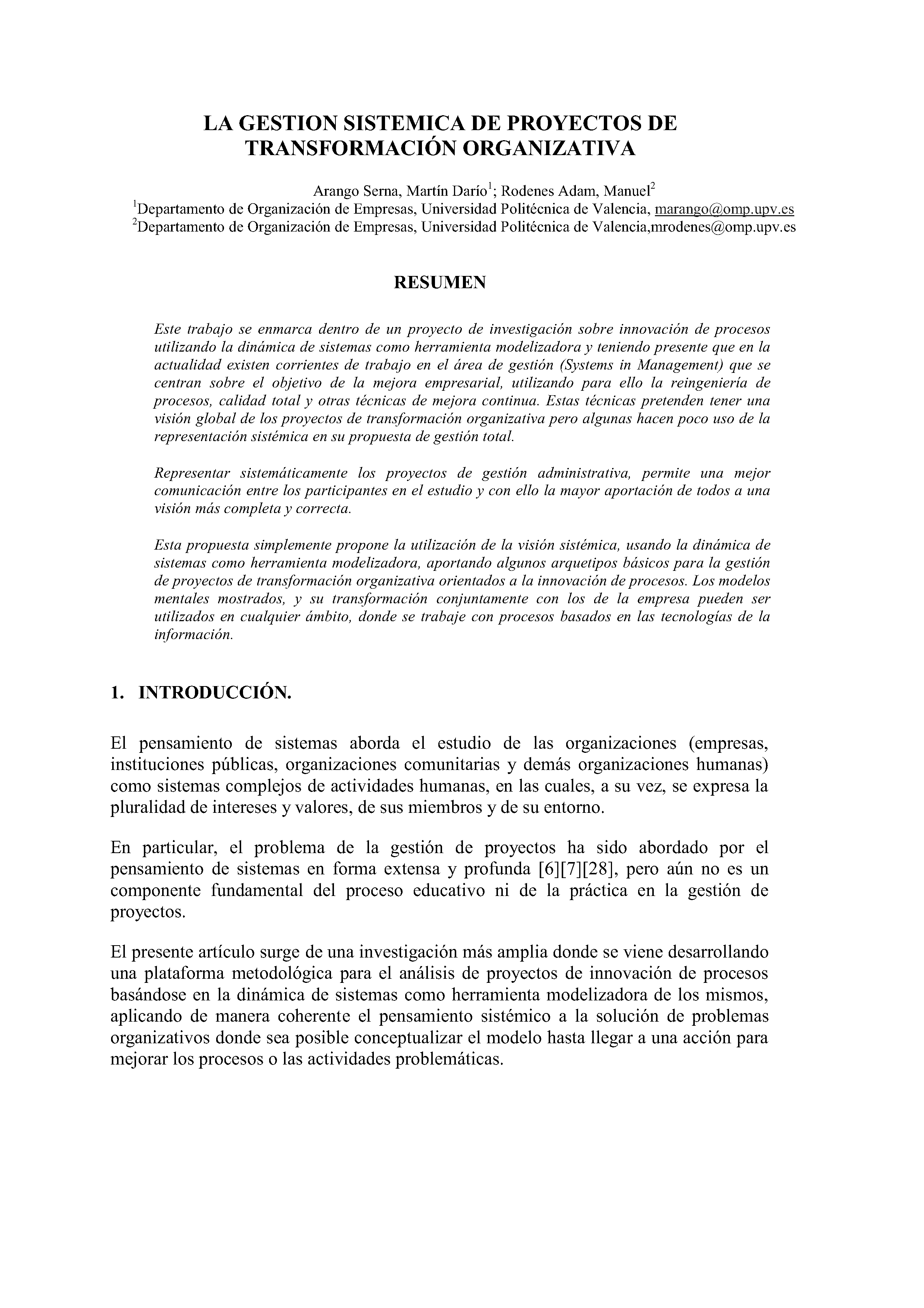 LA GESTION SISTEMICA DE PROYECTOS DE TRANSFORMACIÓN ORGANIZATIVA