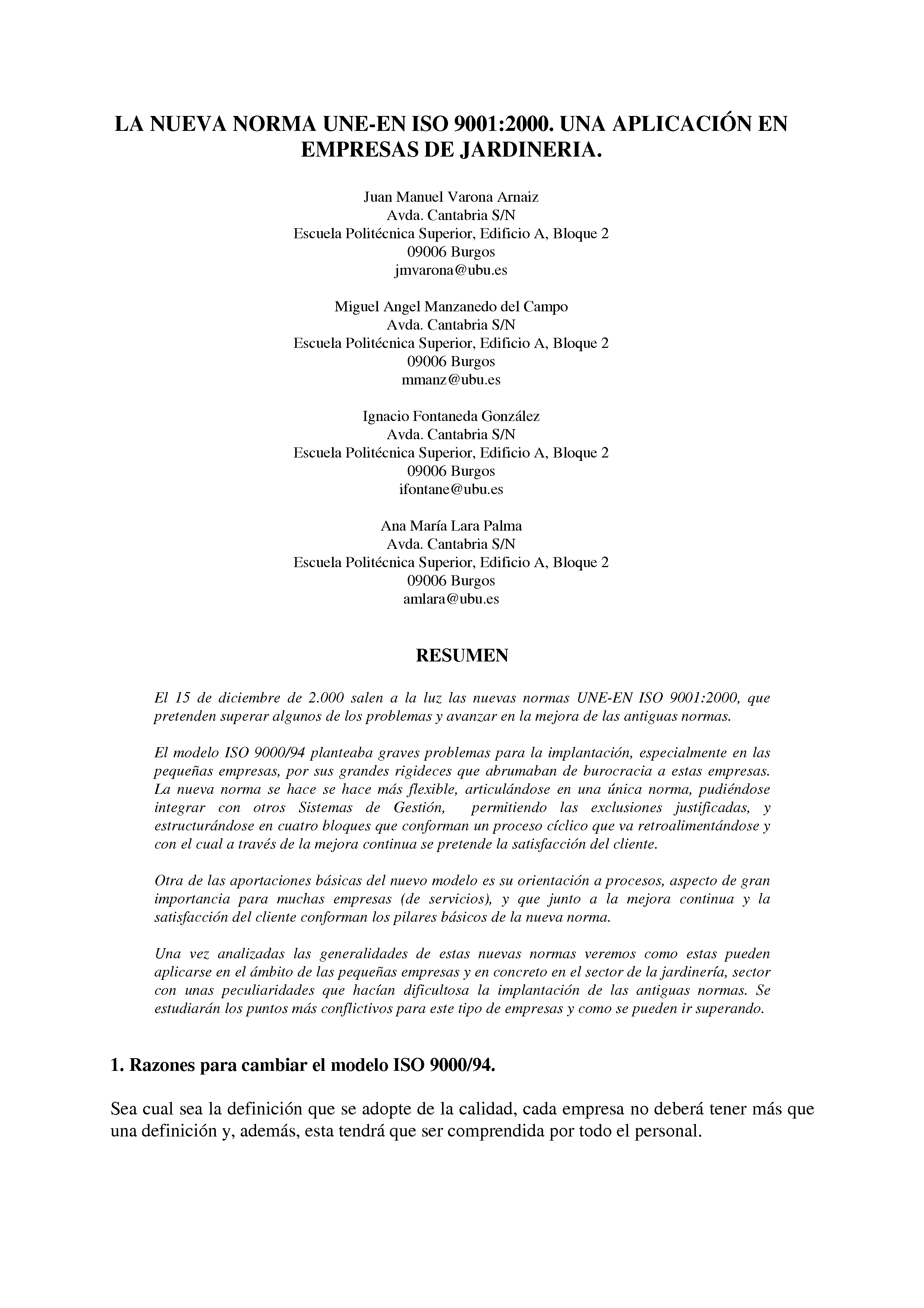 LA NUEVA NORMA UNE-EN ISO 9001:2000. UNA APLICACIÓN EN EMPRESAS DE JARDINERIA.