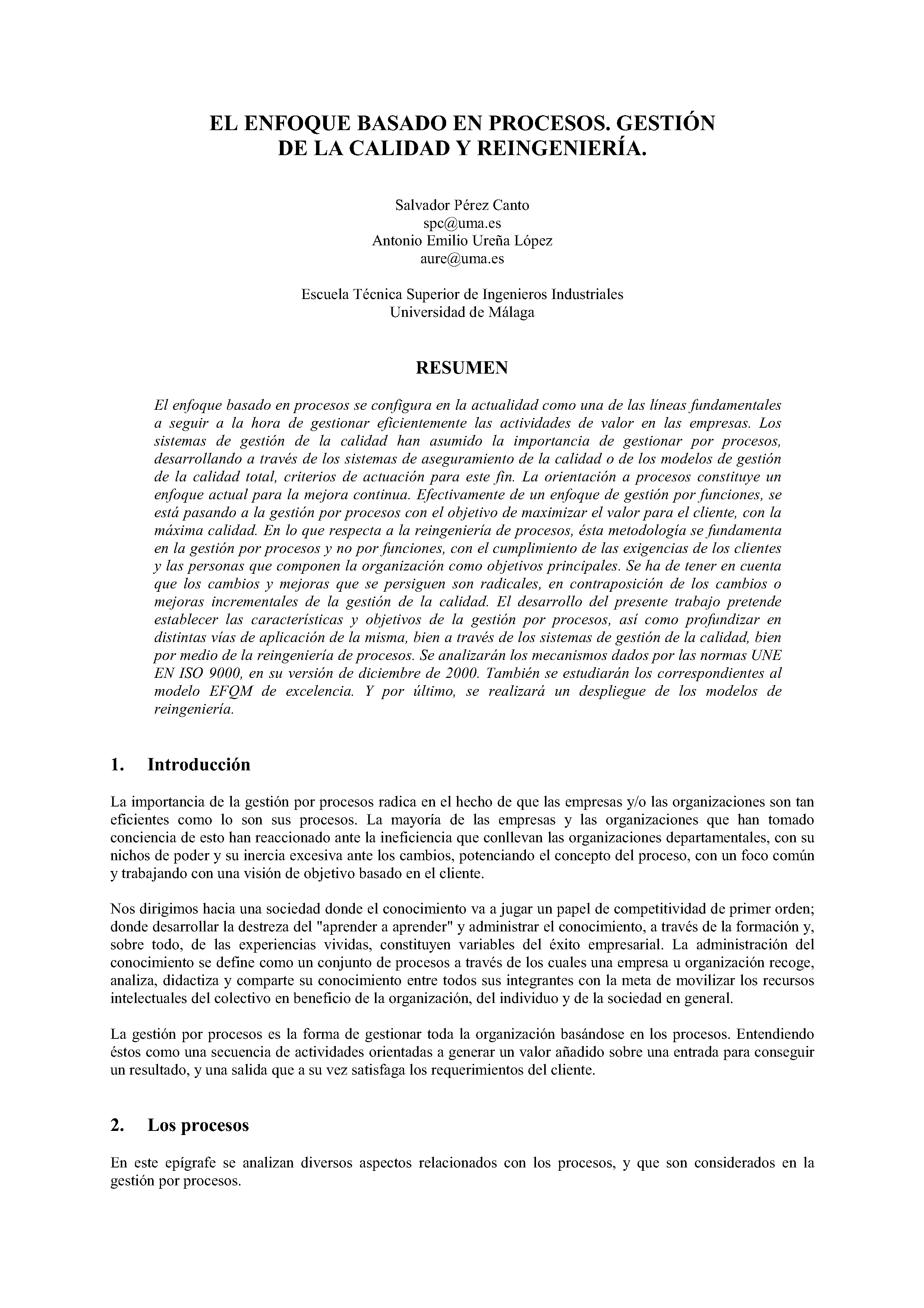 EL ENFOQUE BASADO EN PROCESOS. GESTIÓN DE LA CALIDAD Y REINGENIERIA.