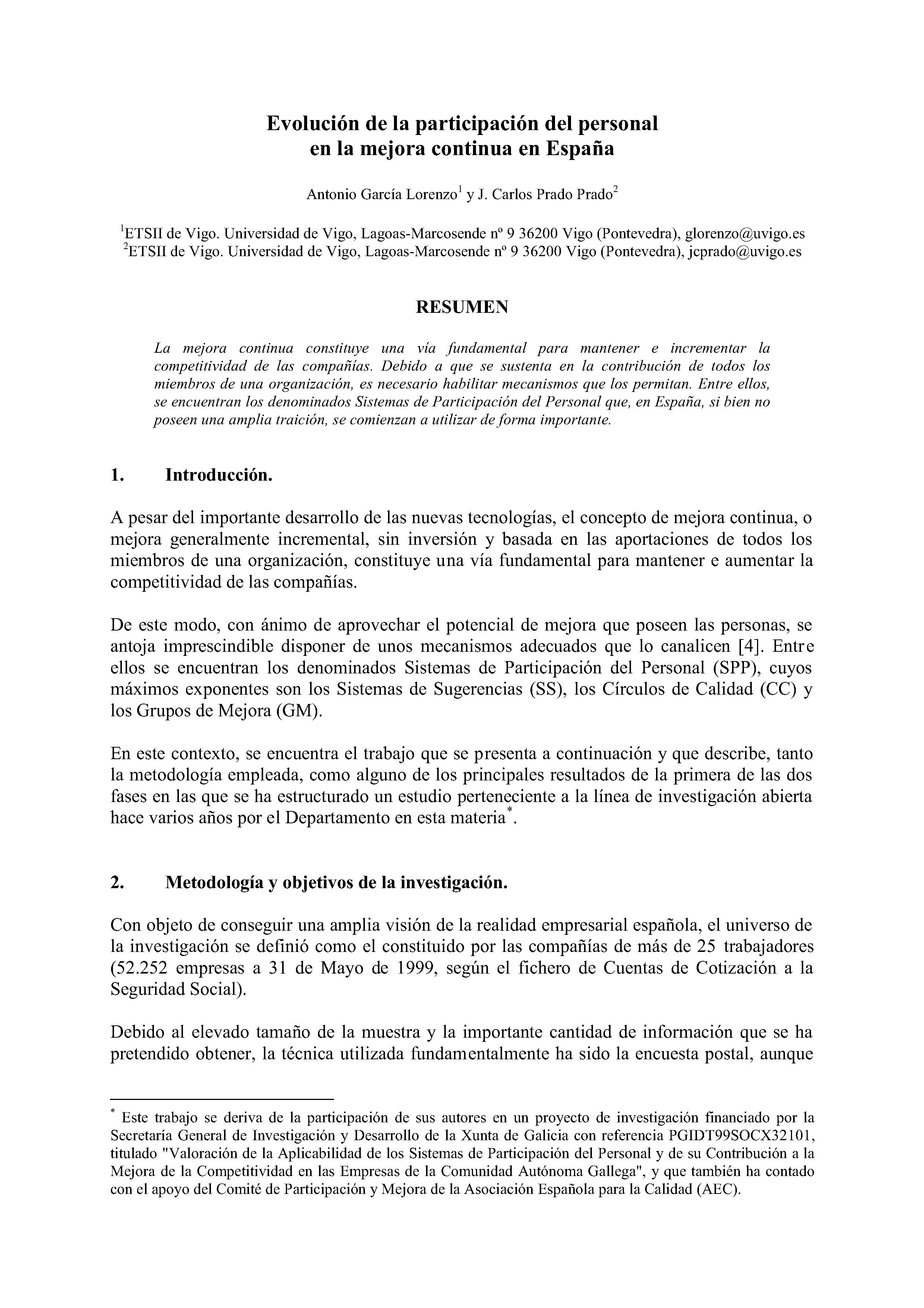 Evolución de la participación del personal en la mejora continua en España