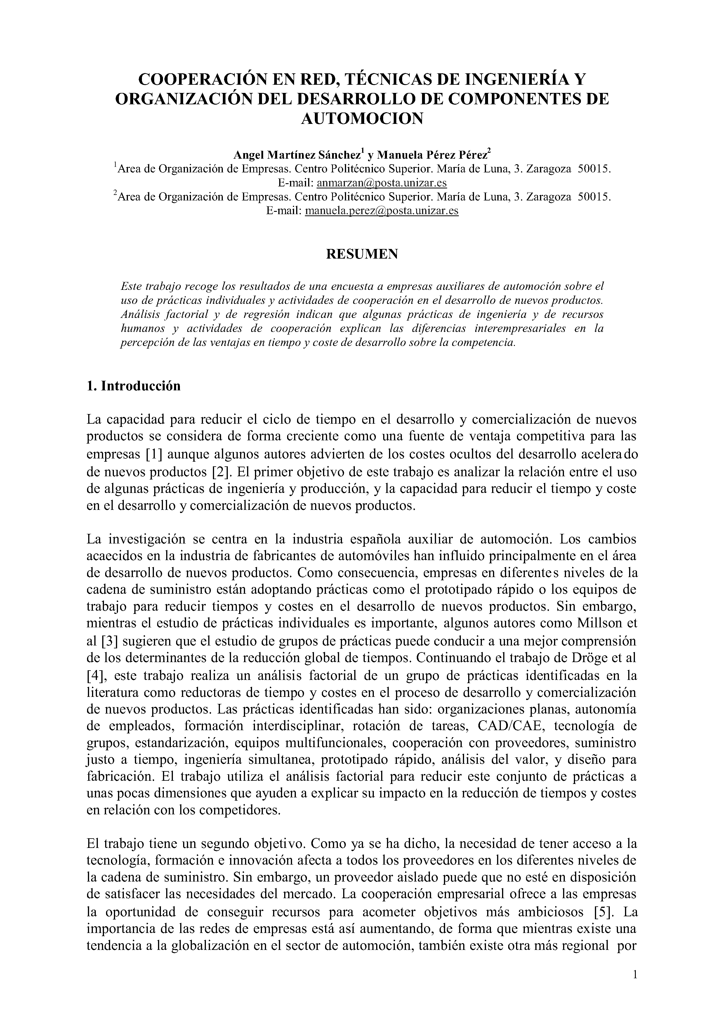 COOPERACIÓN EN RED, TÉCNICAS DE INGENIERÍA Y ORGANIZACIÓN DEL DESARROLLO DE COMPONENTES DE AUTOMOCION