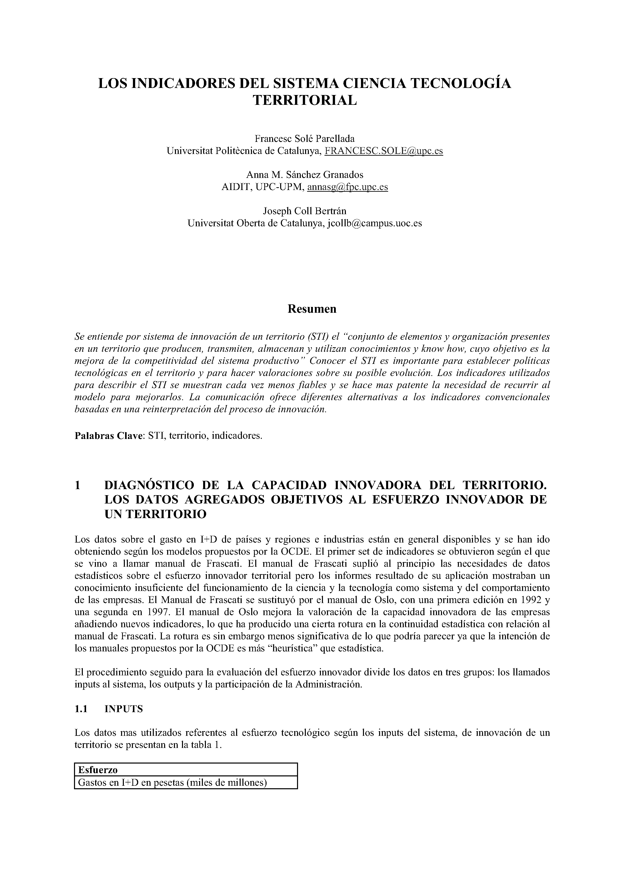 LOS INDICADORES DEL SISTEMA CIENCIA TECNOLOGÍA TERRITORIAL