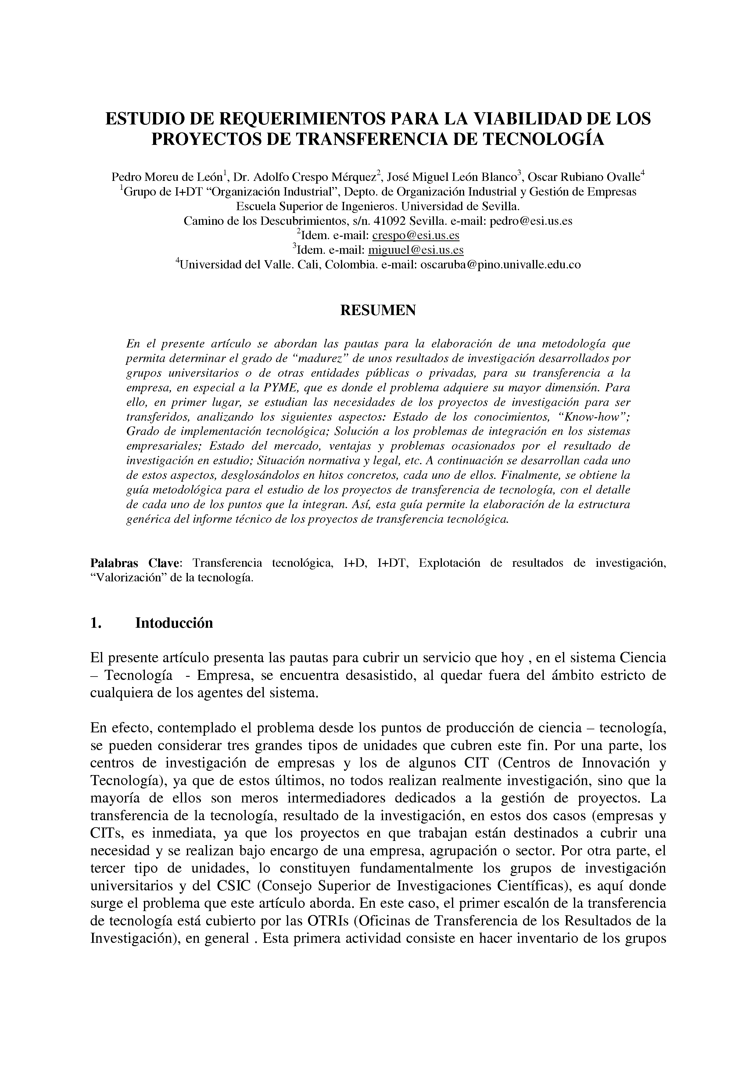 ESTUDIO DE REQUERIMIENTOS PARA LA VIABILIDAD DE LOS PROYECTOS DE TRANSFERENCIA DE TECNOLOGIA