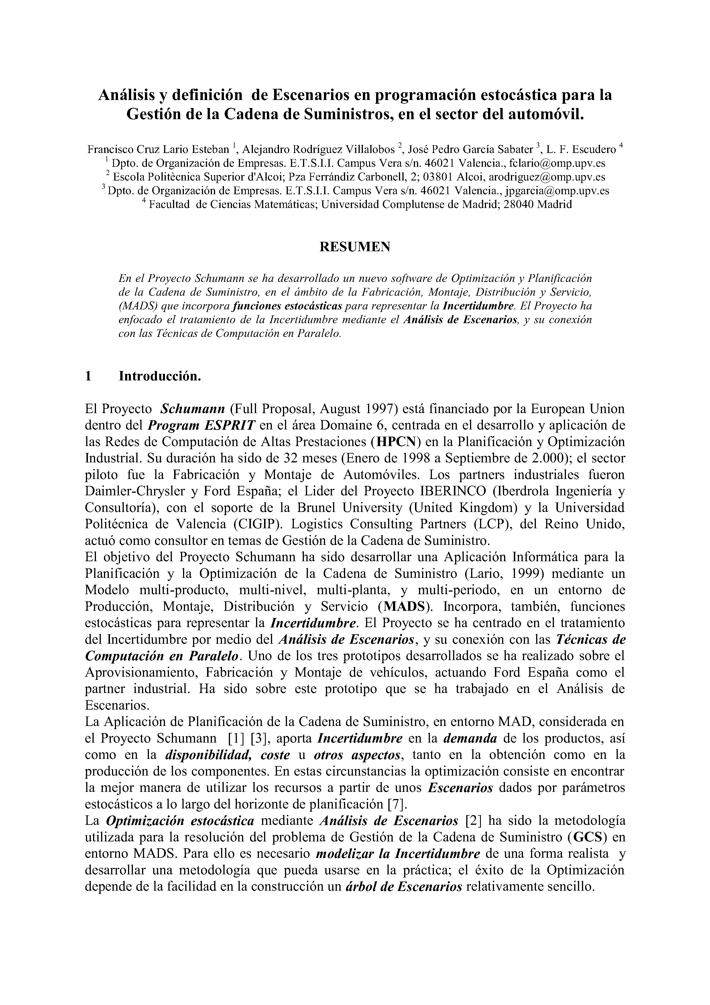 Análisis y definición de Escenarios en programación estocástica para la Gestión de la Cadena de Suministros, en el sector del automóvil.