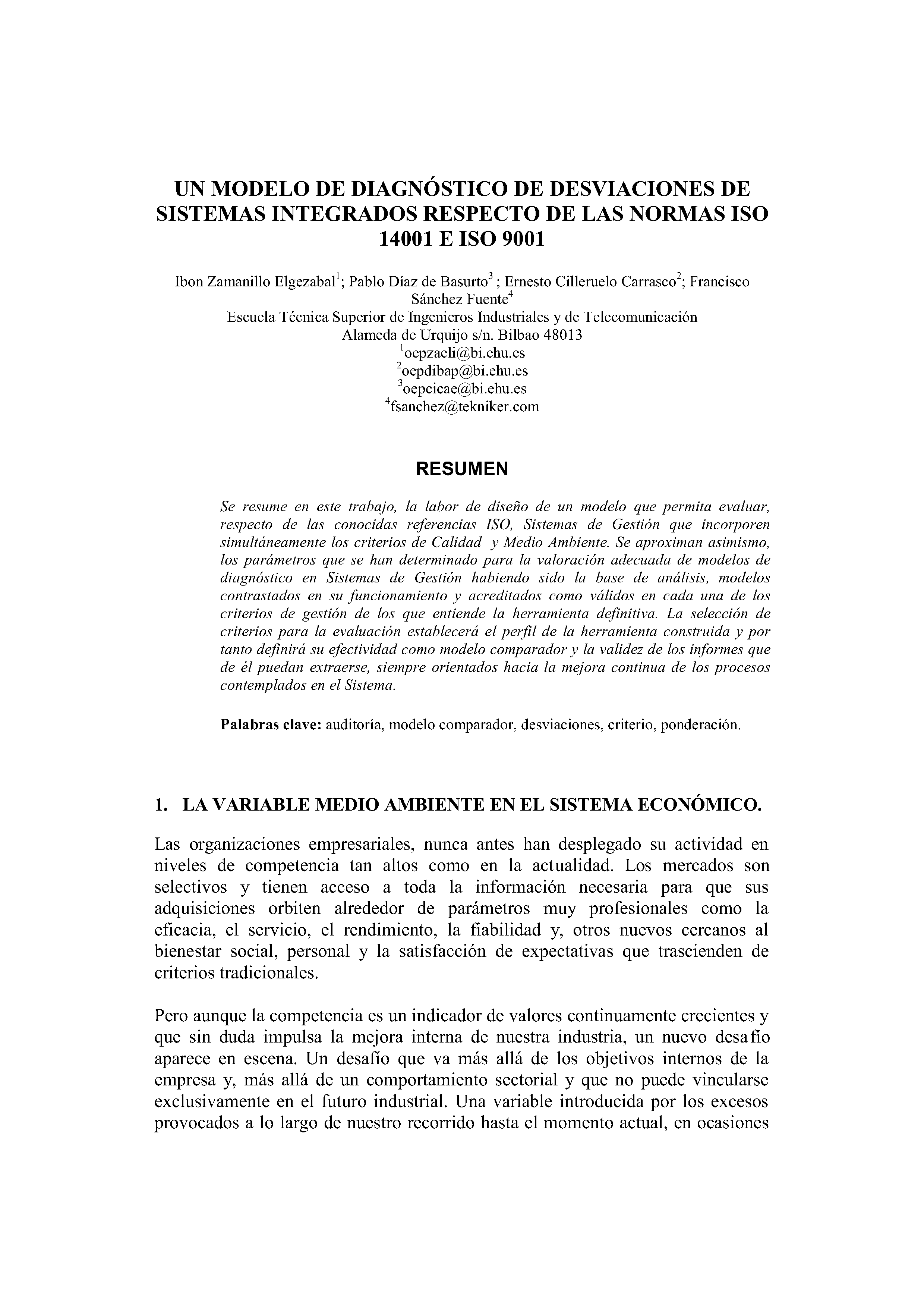 UN MODELO DE DIAGNÓSTICO DE DESVIACIONES DE SISTEMAS INTEGRADOS RESPECTO DE LAS NORMAS ISO 14001 E ISO 9001