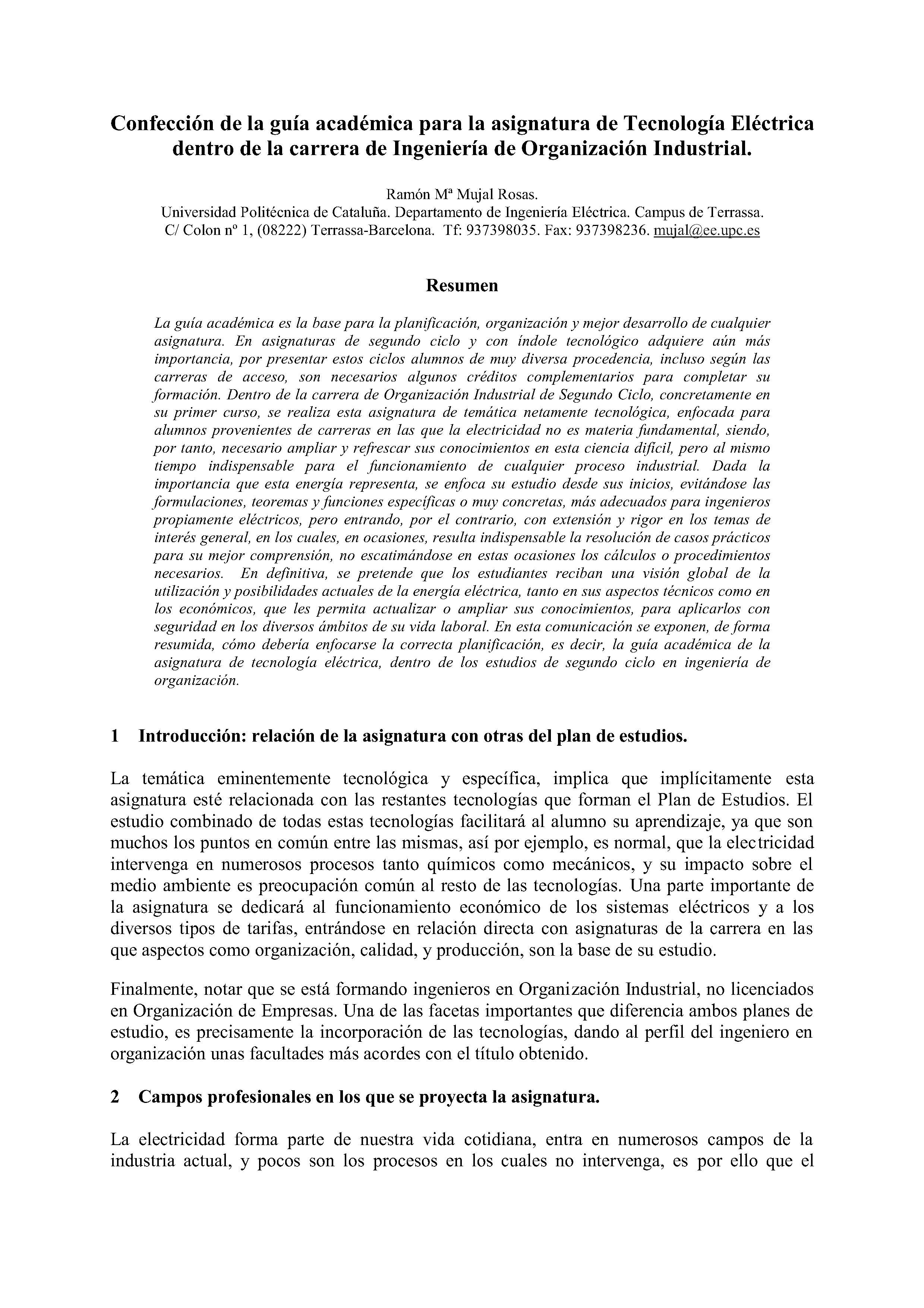 Confección de la guía académica para la asignatura de Tecnología Eléctrica dentro de la carrera de Ingeniería de Organización Industrial.