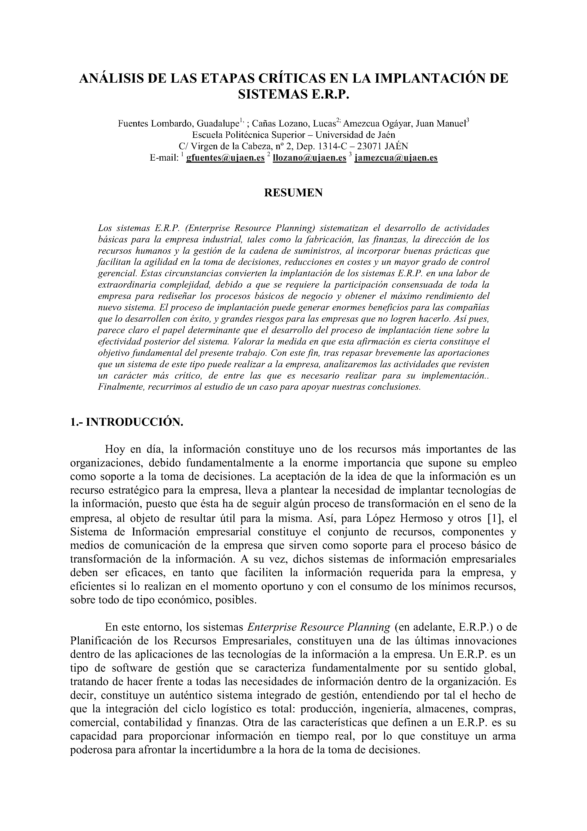 ANÁLISIS DE LAS ETAPAS CRÍTICAS EN LA IMPLANTACIÓN DE SISTEMAS E.R.P.