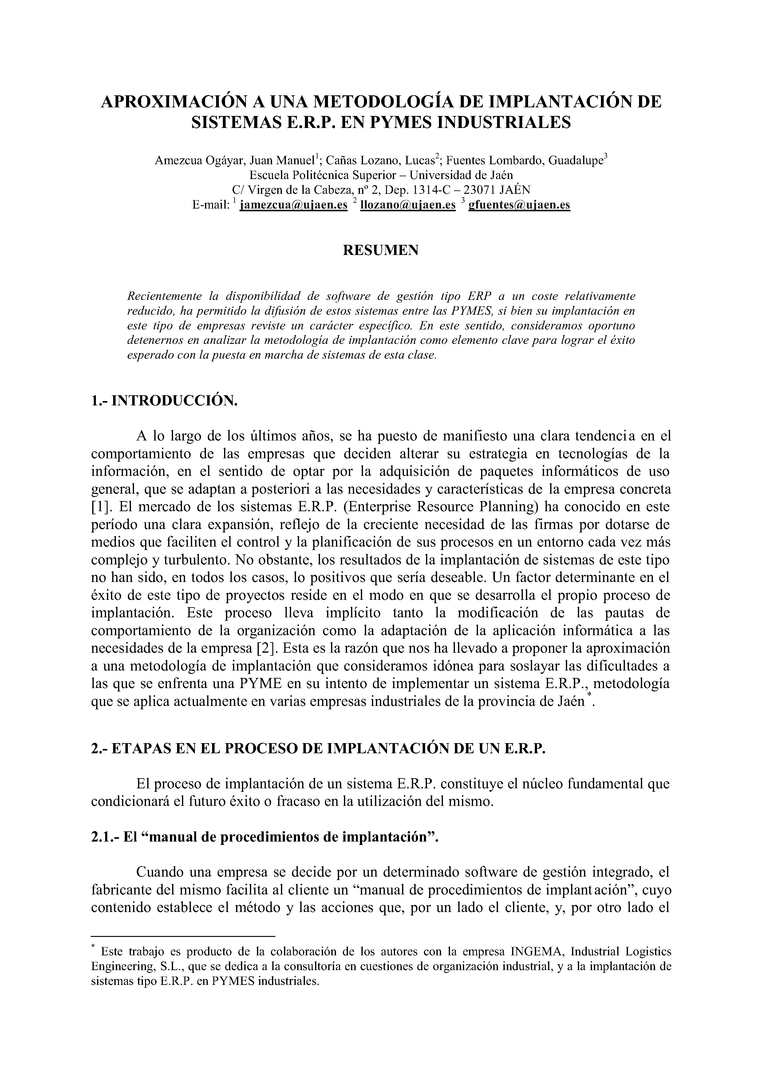 APROXIMACION A UNA METODOLOGÍA DE IMPLANTACIÓN DE SISTEMAS E.R.P. EN PYMES INDUSTRIALES