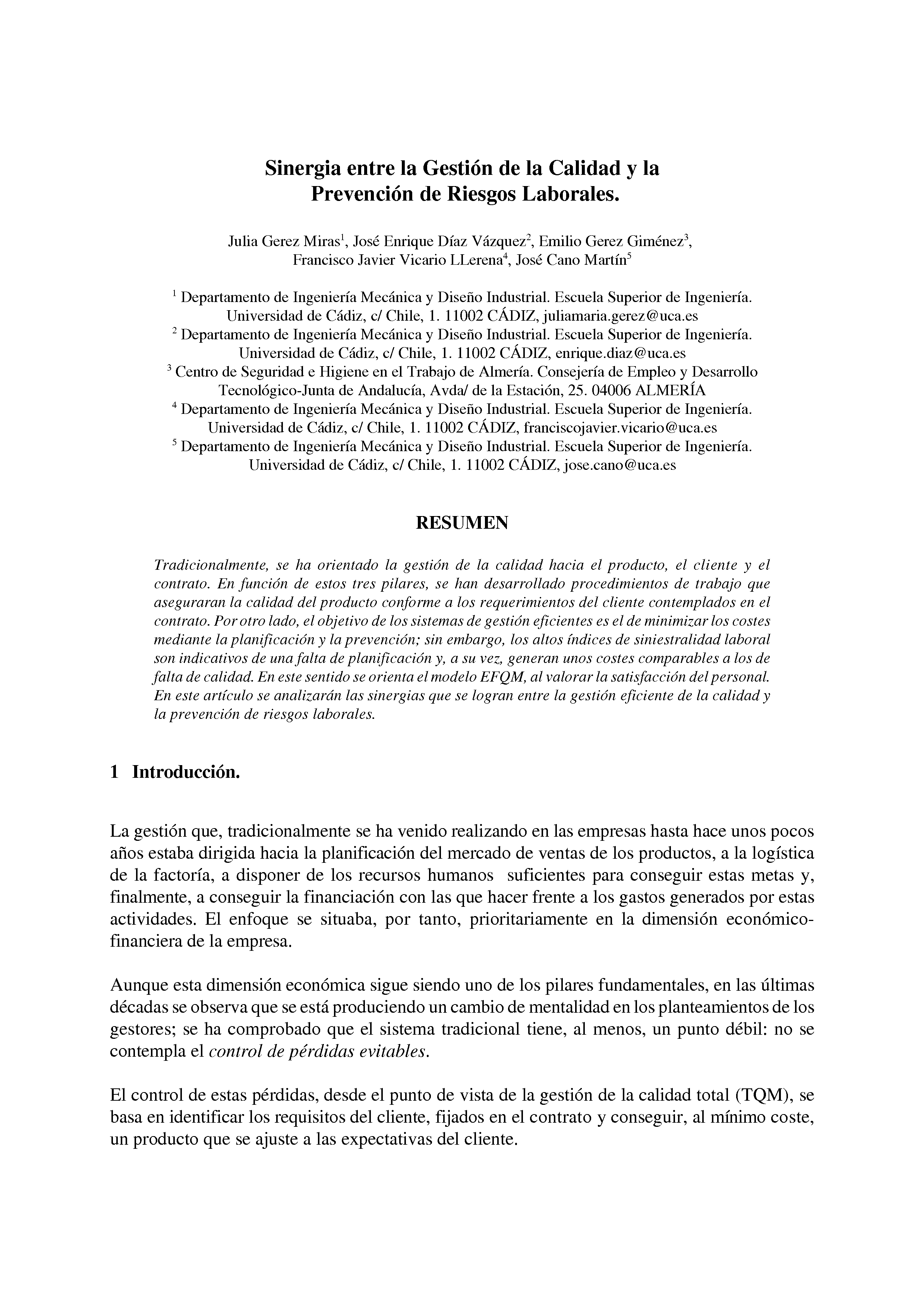 Sinergia entre la Gestión de la Calidad y la Prevención de Riesgos Laborales.