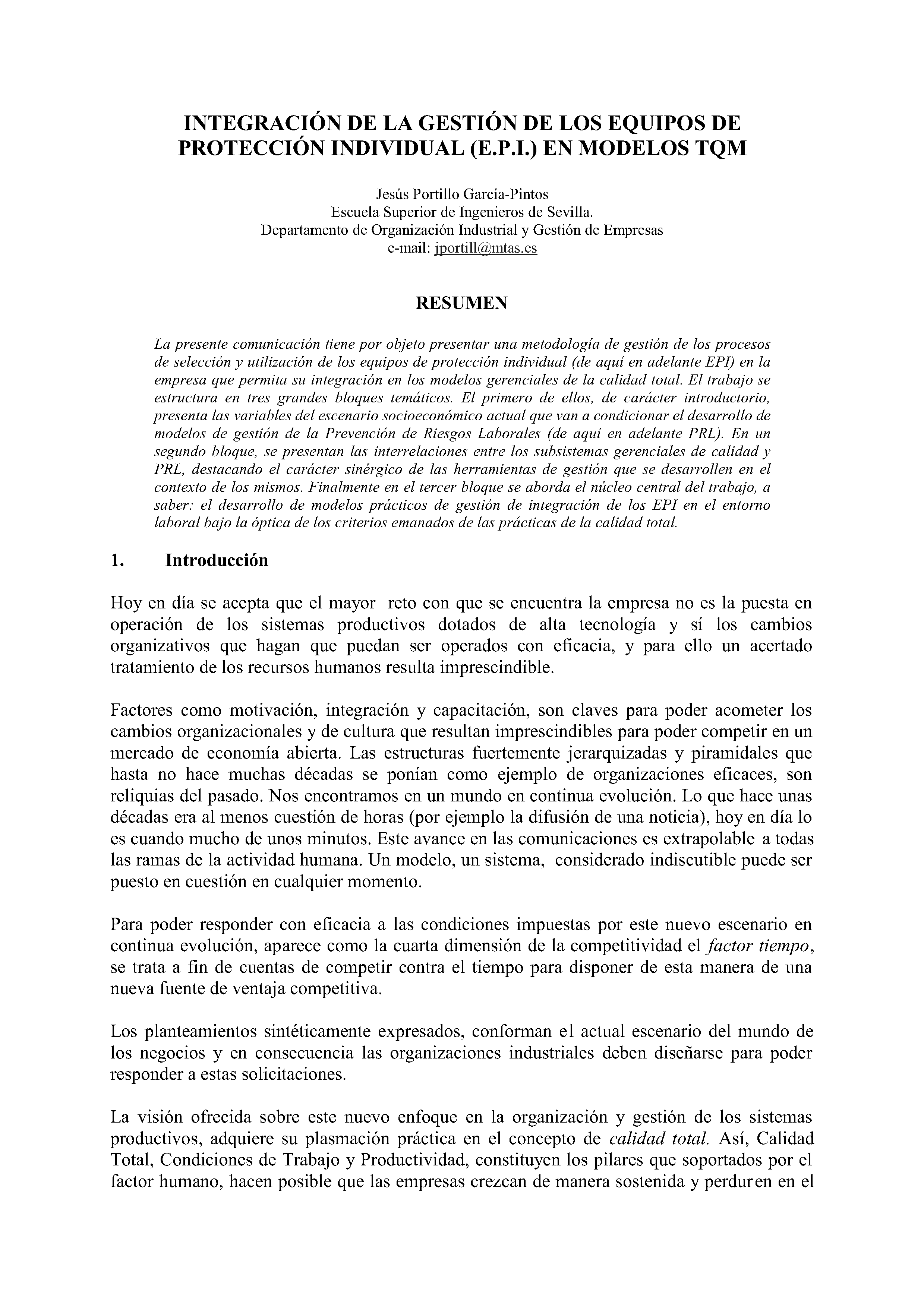 INTEGRACIÓN DE LA GESTIÓN DE LOS EQUIPOS DE PROTECCION INDIVIDUAL (E.P.I.) EN MODELOS TQM