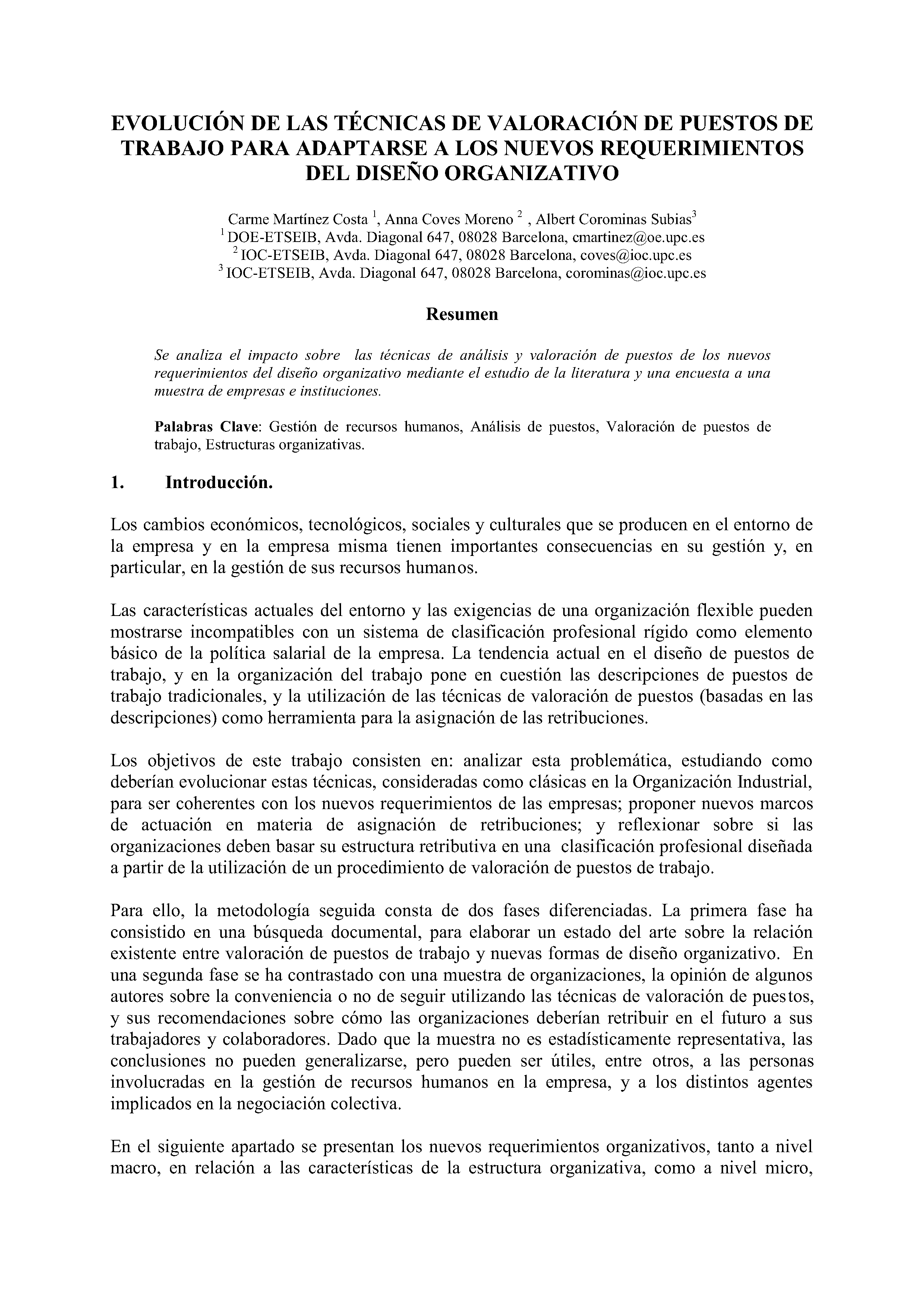 EVOLUCIÓN DE LAS TÉCNICAS DE VALORACIÓN DE PUESTOS DE TRABAJO PARA ADAPTARSE A LOS NUEVOS REQUERIMIENTOS DEL DISEÑO ORGANIZATIVO