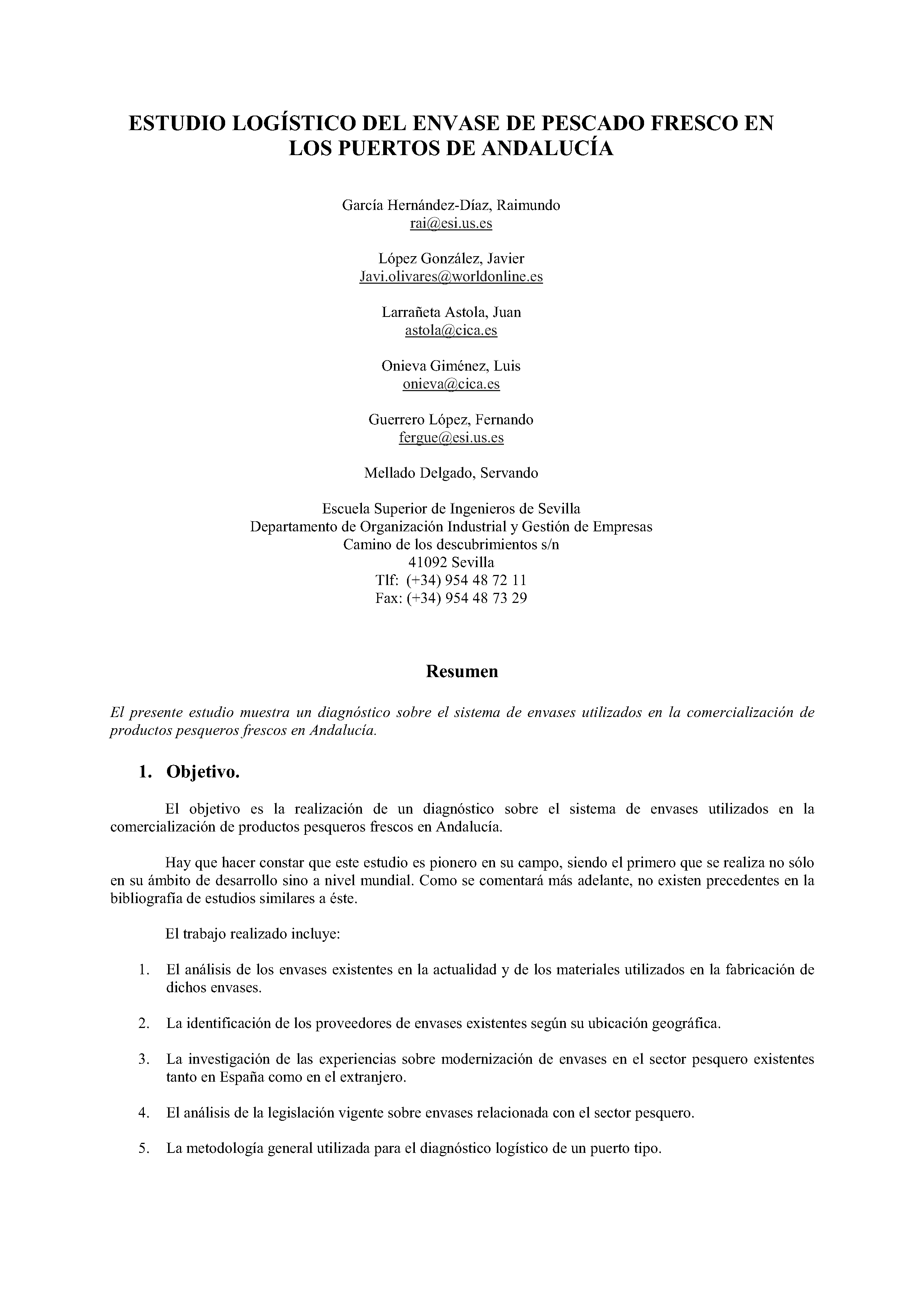 ESTUDIO LOGÍSTICO DEL ENVASE DE PESCADO FRESCO EN LOS PUERTOS DE ANDALUCÍA