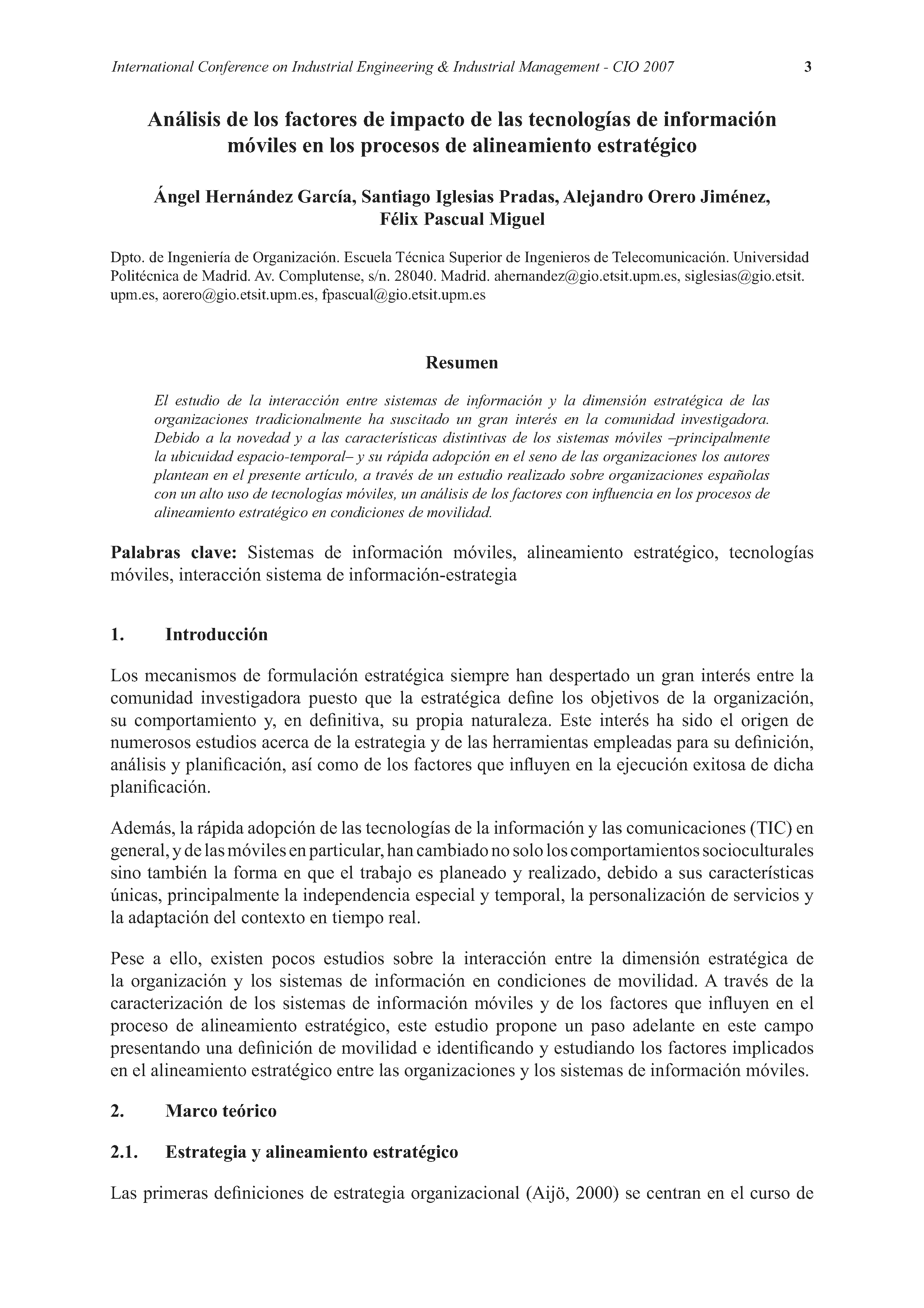 Análisis de los factores de impacto de las tecnologías de información
móviles en los procesos de alineamiento estratégico
